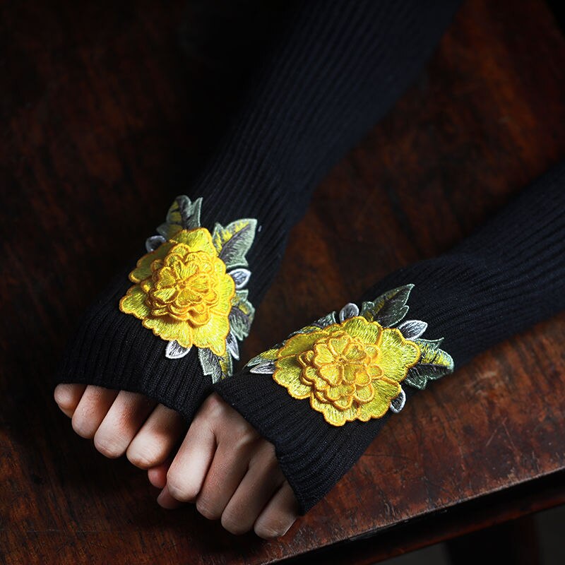 Wonens Embroidery Gloves Punk Womens Long Winter Fingerless Gloves Womens Long Winter Fingerless Gloves: Black Type3