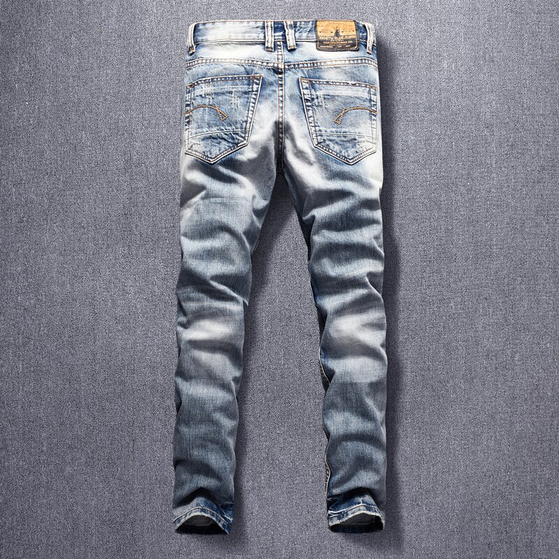 Italiaanse Stijl Mode Mannen Jeans Borduurwerk Ripped Denim Broek Lichtblauw Patchwork Hip Hop Lange Broek