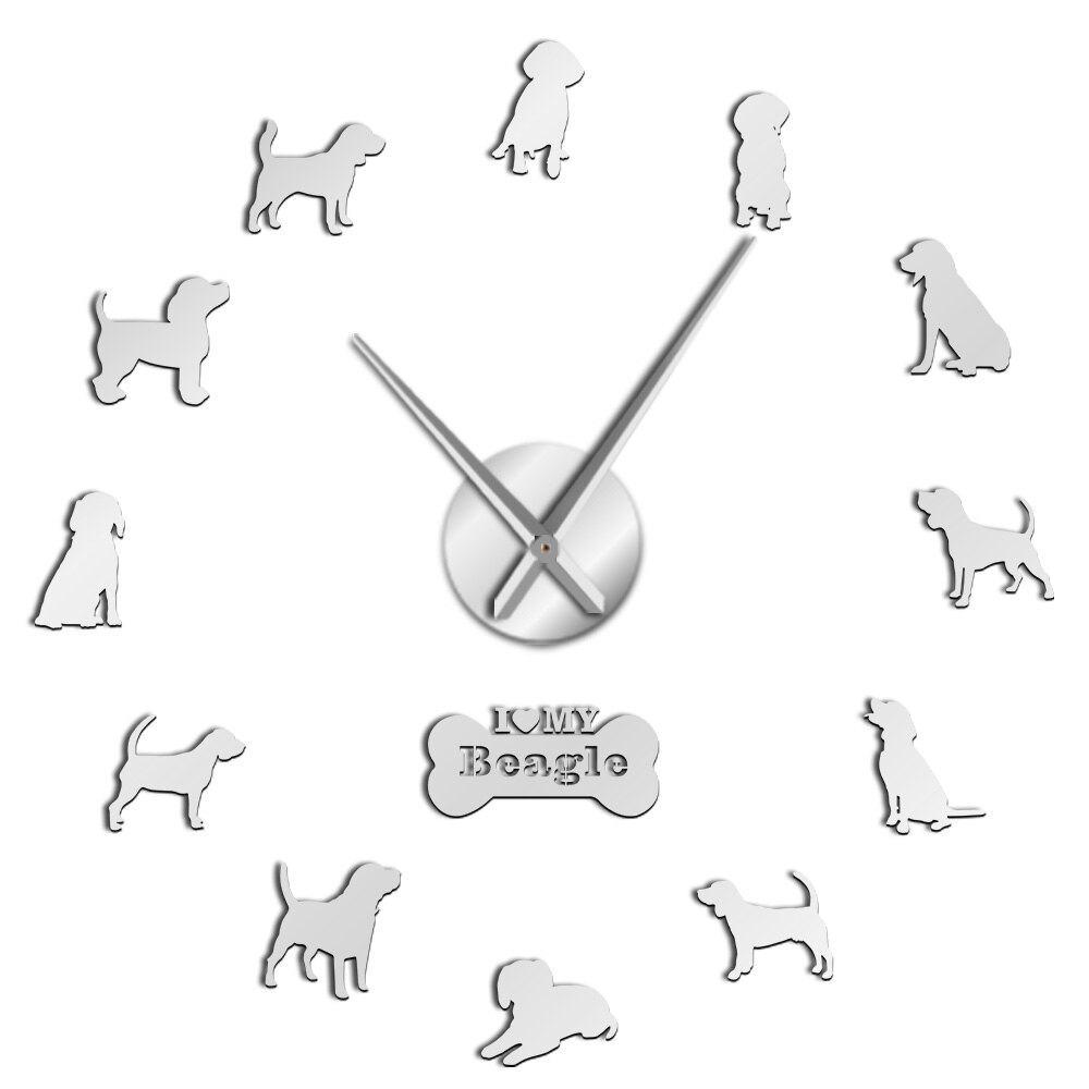 Marshall Beagle Portrait Oversized 3D DIY Wall Clock For Dog Lovers Quartz Acrylic Mirror Sticker Battery Operated Clock Watch: Silver / 27inch