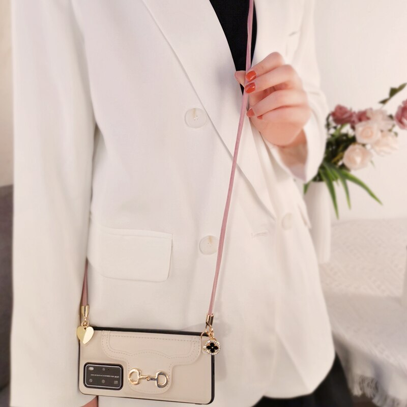 Crossbody Ring Diamant Vier-Leaf Camera Houders Toetsen Lanyard Charm Strap Clover Lederen Lanyard Mobiele Telefoon Lanyard Voor Iphone