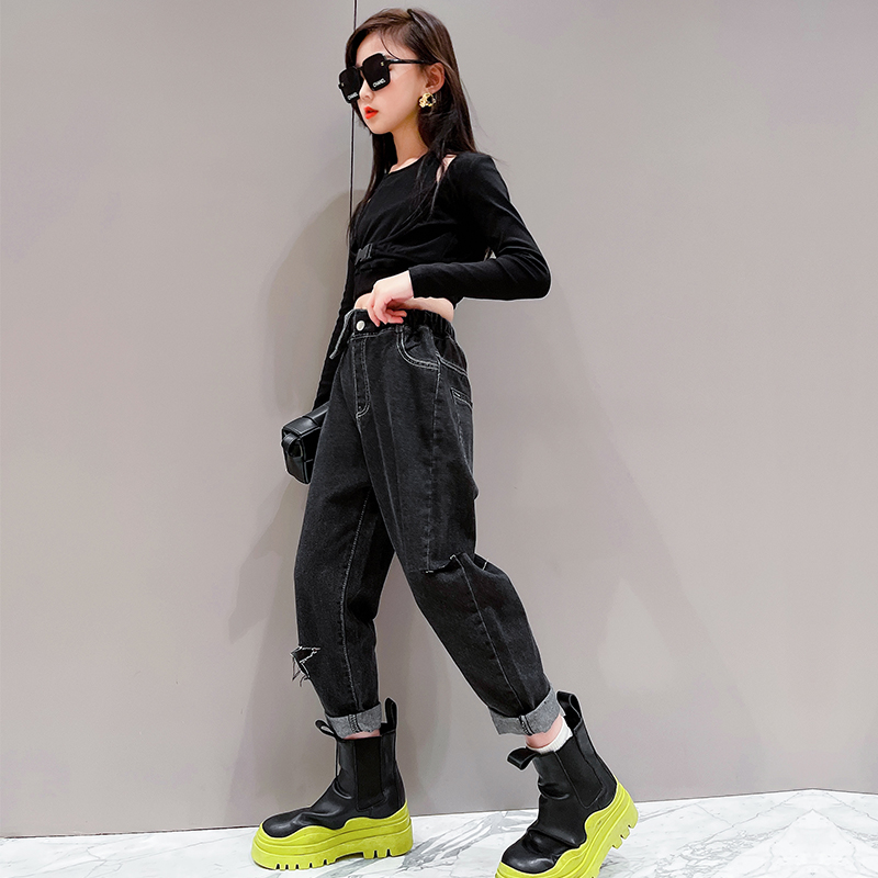Jean déchiré en Denim noir pour filles, pantalon décontracté, troué, taille haute, pour adolescentes de 3-14 ans, automne printemps 2022