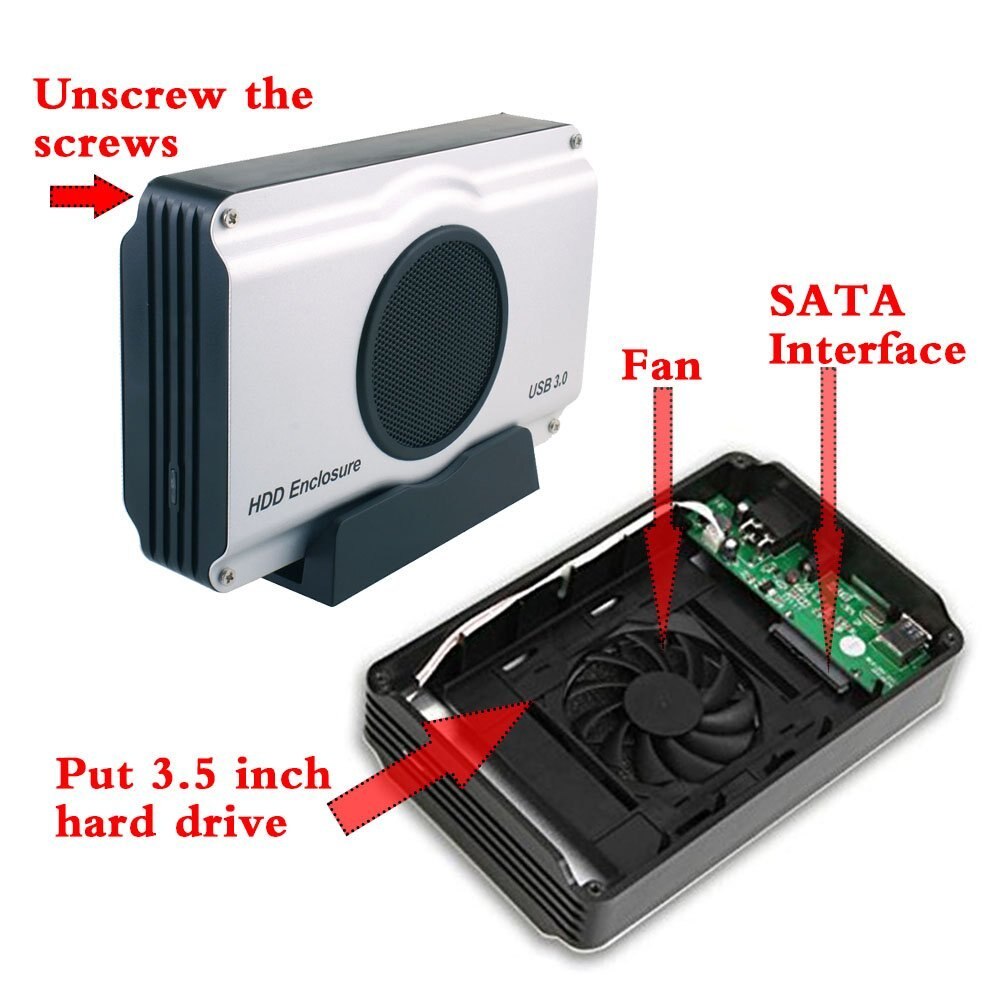 OPQ-USB 3.0 To 3.5 Inch SATA I/ II/ III Aluminum Hard Drive Enclosure Case with Cooling Fan (Maximum support 8TB)EU Plug