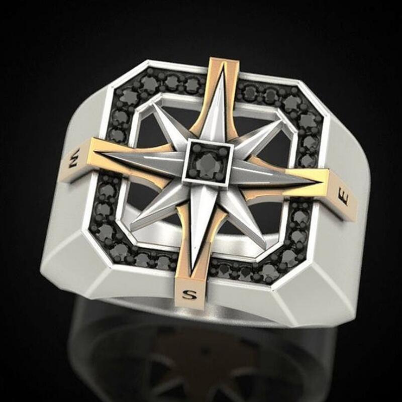 Anillo con brújula vikinga de dos tonos con incrustaciones de circonita AAA de acero inoxidable y único para hombre