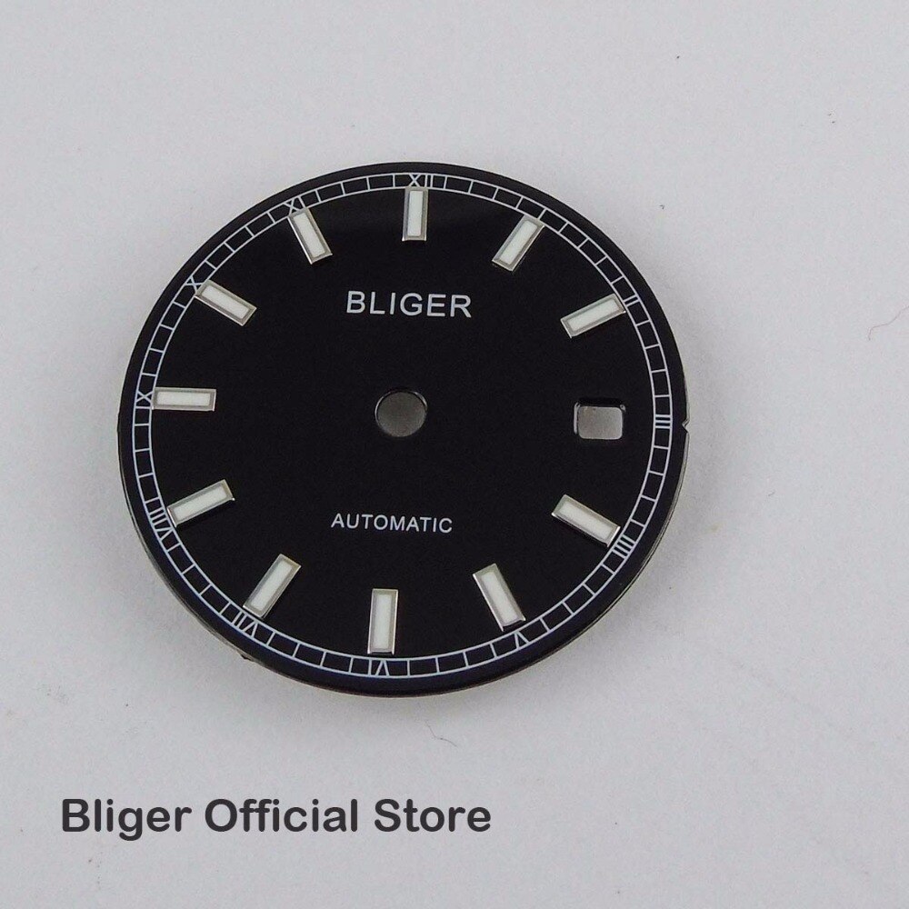 BLIGER 29mm Zwarte Wijzerplaat Wit Marks Datum Venster Horloge Dial Fit Voor Automatische Beweging heren Horloge Wijzerplaat