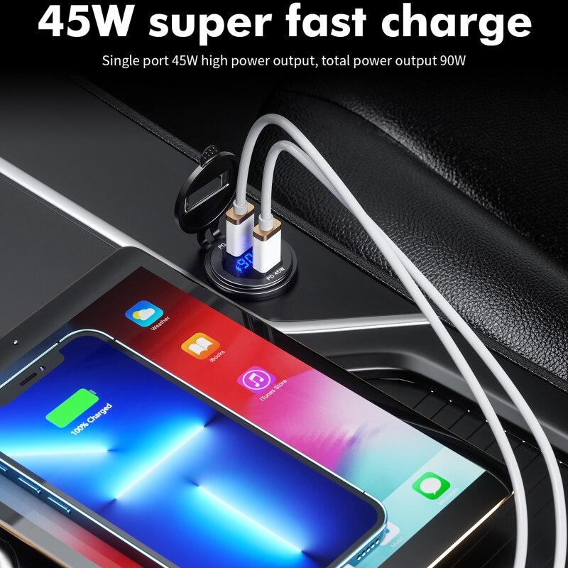 12v-24v dual 45w type c usb c pd fast car phone charger with led voltmeter switch for mobile phone, tablet, laptop