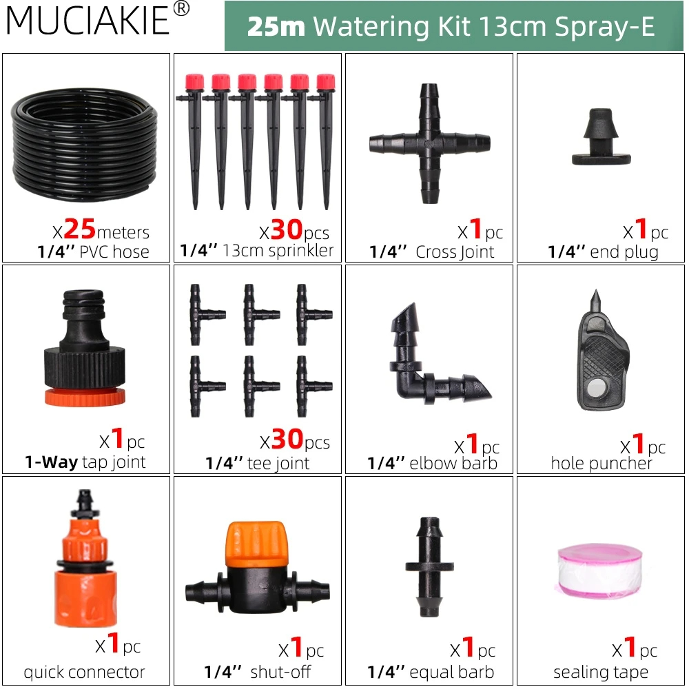 13CM Drip Irrigation System 1/4'' Hose Adjustable Sprinkler Kit 4-Way Micro Watering Flow for Garden Flowers Vegetables: Light Grey