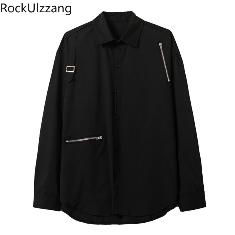 Plus størrelse langermet høstantrekk søm glidelås ringe bånd fast punk streetwear skjorte mørk bluse hofte hopp harajuku menn goth