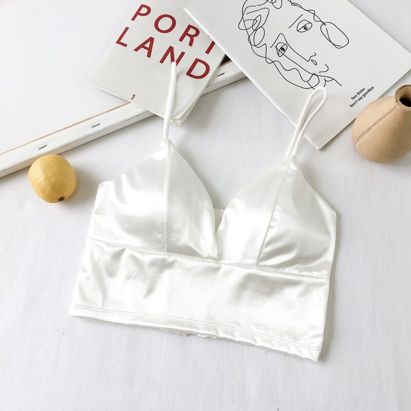 Deportes sujetador sujetadores push-up lencería Sexy parte superior inalámbrico Top Bra Sexy mujeres Sexy correa de seda suave paso pijama: white