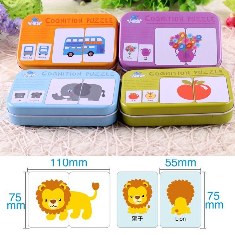 Kids Baby Cognitive Puzzle Cards Montessori Educational Toys Matching Game Cartoon Vehicle Animal Fruit English Learning Cards