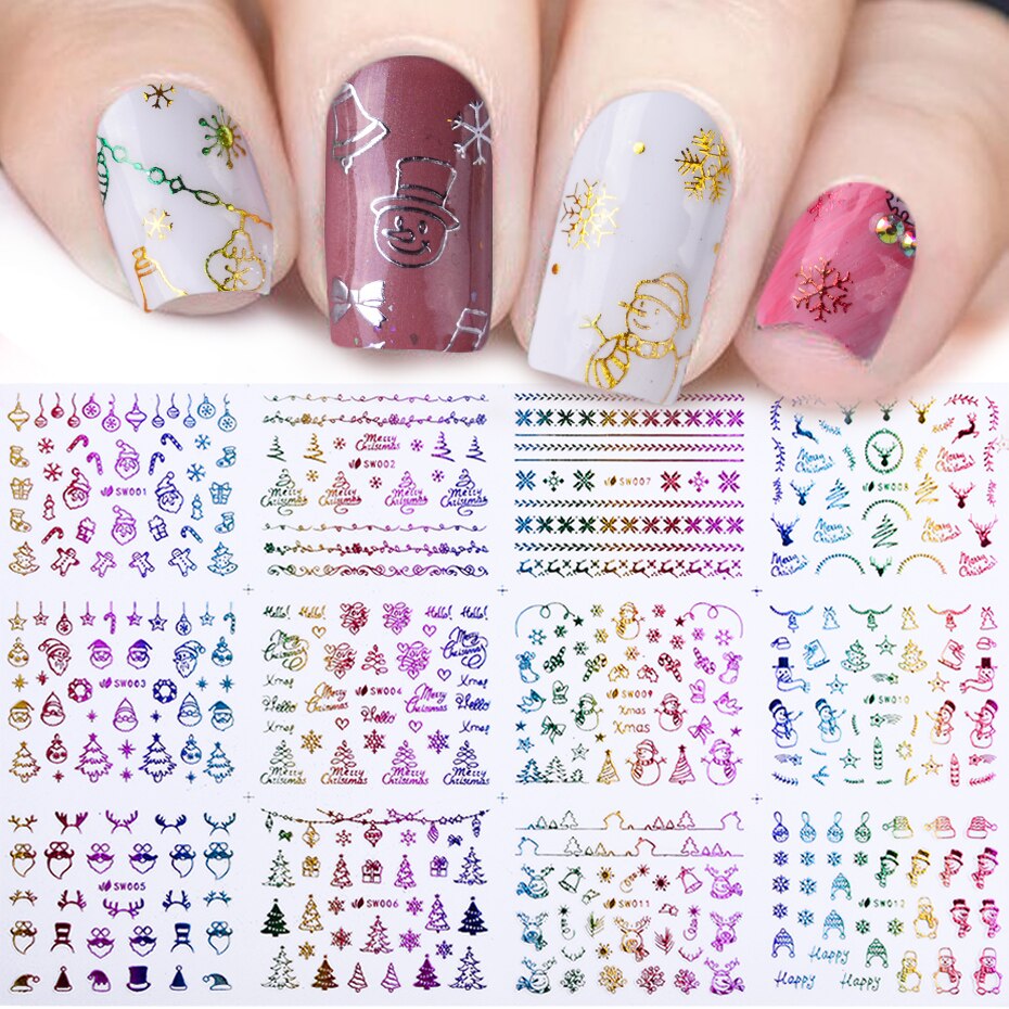 11 Stuks Jaar Stickers Op Nagels 3D Kerstversiering Sneeuwvlokken Elanden Lijm Sliders Folies Voor Nagels Xmas SAE875-885: SW01-12