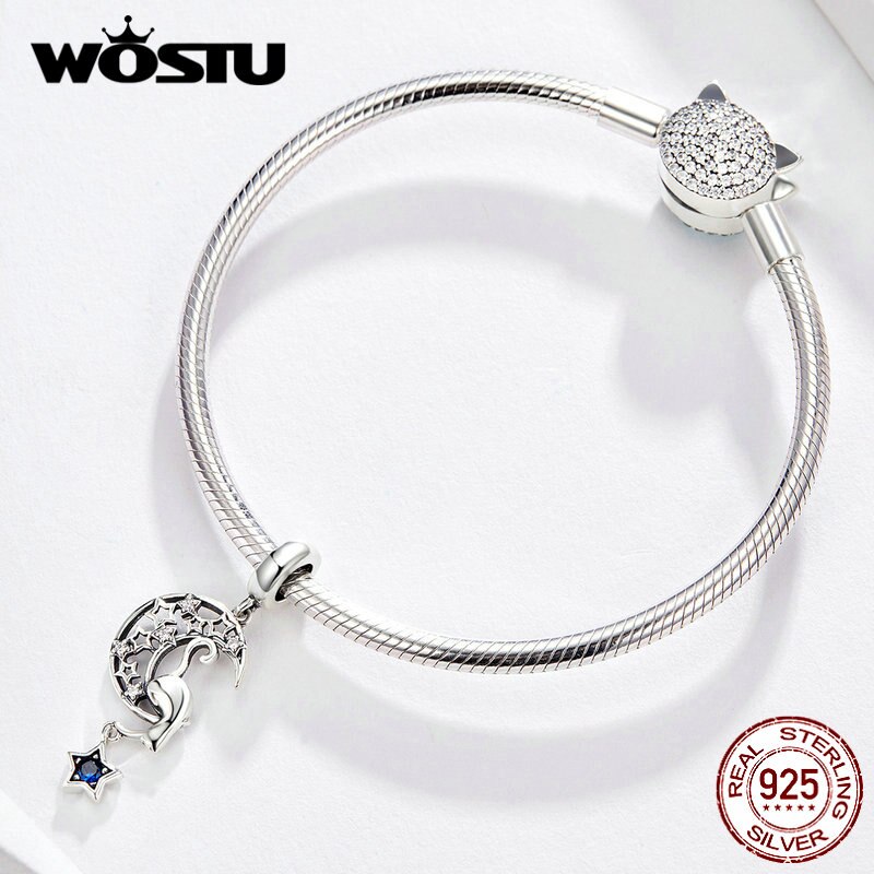 Wostu lua & estrelas flutuante balançar charme 925 prata esterlina zircão contas caber pulseira original pingente jóias fazendo cqc1205