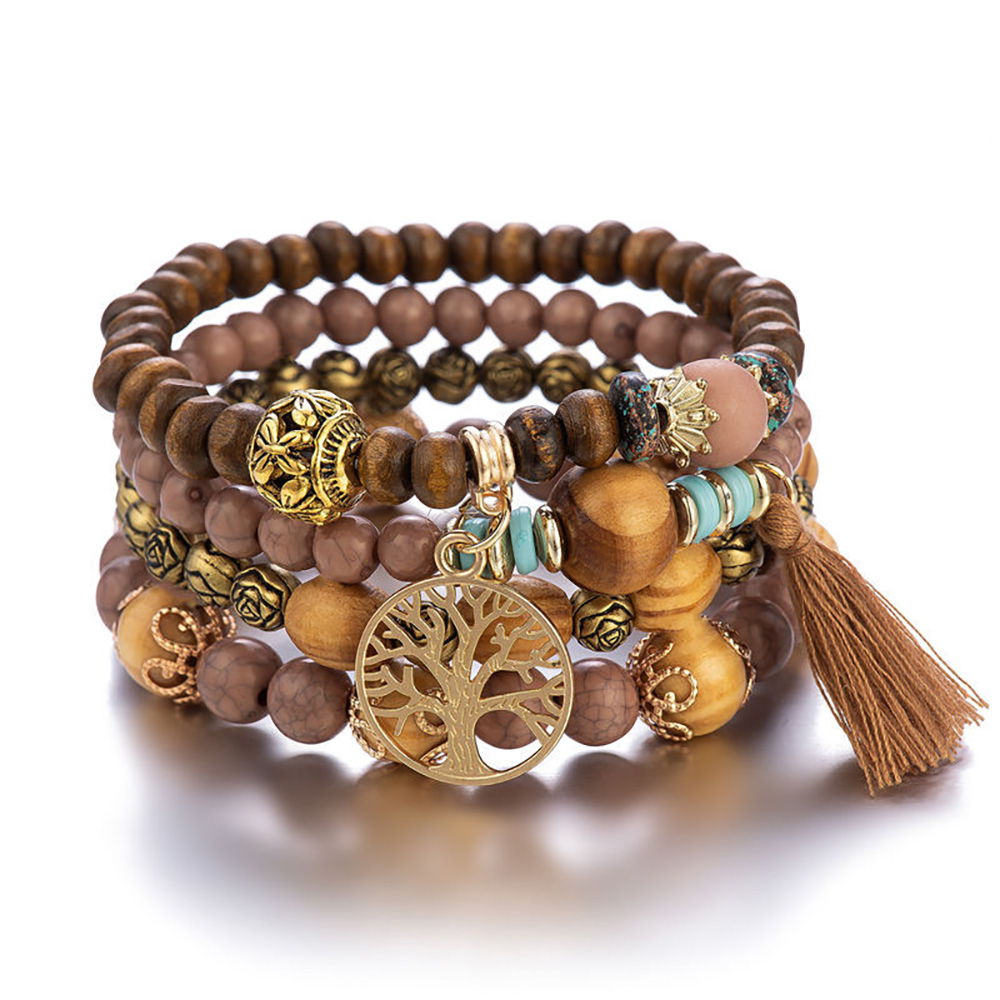 4 pçs/set boho conjunto de pulseira de madeira frisado para mulheres árvore da vida borlas brancas charme elástico corrente pulseira senhora bohemia jóias: vermelho-escuro