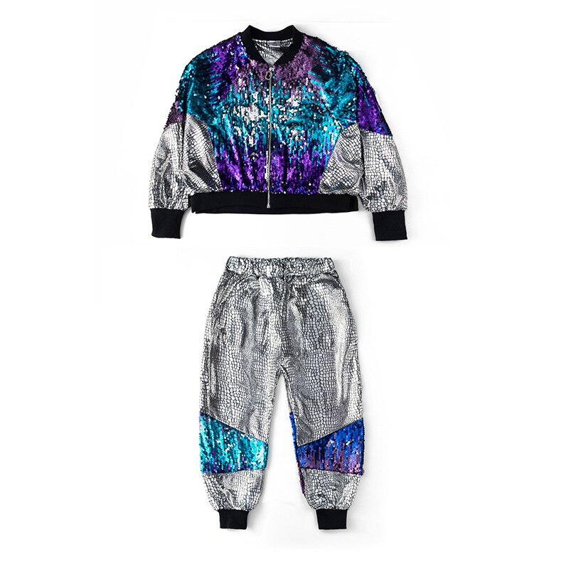 Barn paljett hip hop kläder jacka top coat kort streetwear byxor för flickor pojkar jazz dans kostymer set kläder bära: 170