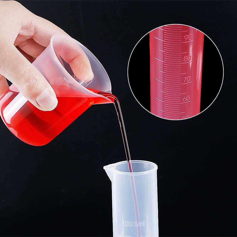 Graduerede plastikcylindre og plastbægre ,5 stk plastik graduerede cylindere 10ml 25ml 50ml 100ml 250ml og 5 stk plast b