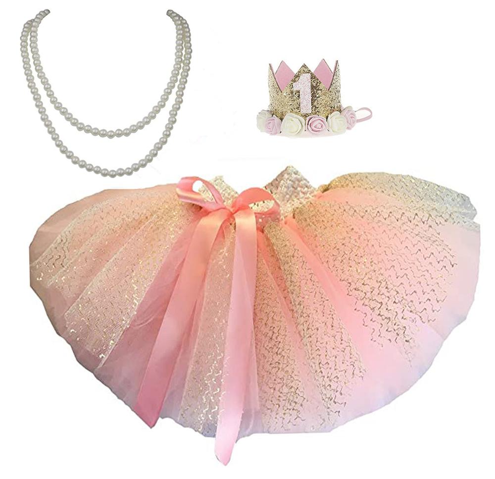 Baby Goud Roze Tutu Rok En Gouden Kroon Hoofdband Set Voor Eerste Verjaardag Outfit: tutu n crown n neck / 4-5T
