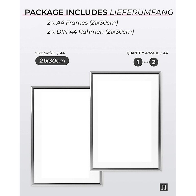 2 Picture Frames, A4 Silver Picture Frames, with Unbreakable Plexi-Glass, Picture Frames for Family Photos, 21X30 CM