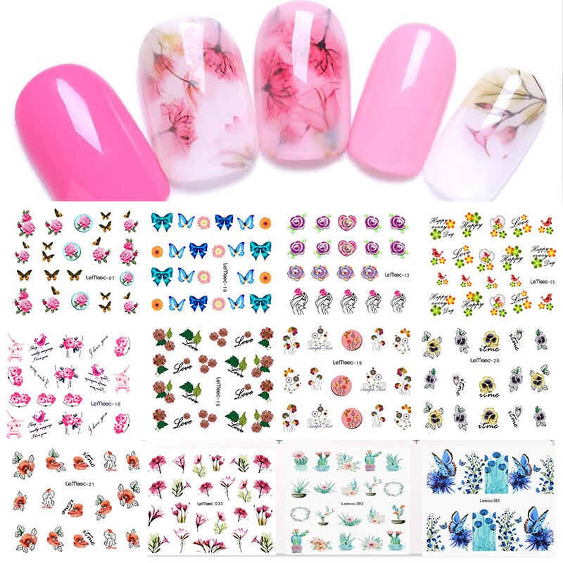 19Styles Simple Green Leaves Flowers Water Decals Spring Summer Theme Floral Maple Leaf Sliders Paper Line Watermarks Decoration