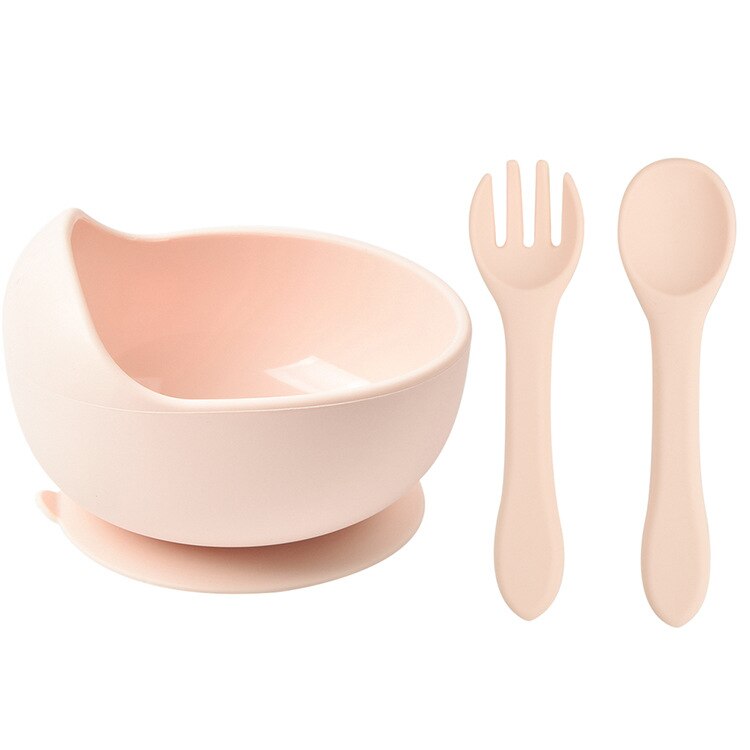 3Pcs Baby Silicone Bowl Spoon Fork Set BPA Free Non-slip Children&#39;s Suction Bowl Handle Silicone Set Food Grade Tableware: Y4