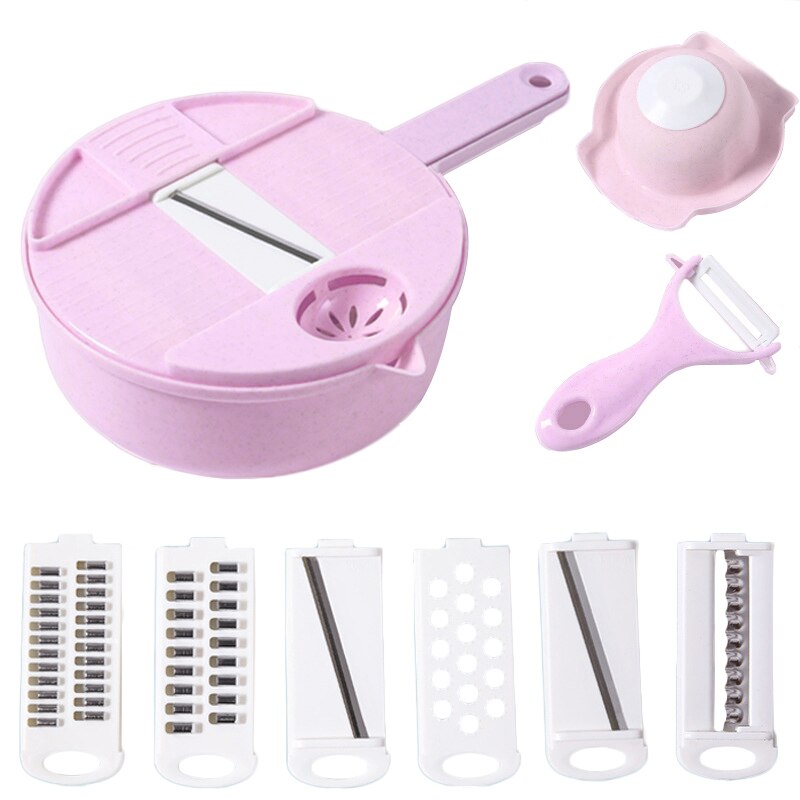 1 set multifunctionele groentesnijder met afdruipmand keukengereedschap fruit groentesnijder groente rasp dunschiller: Roze