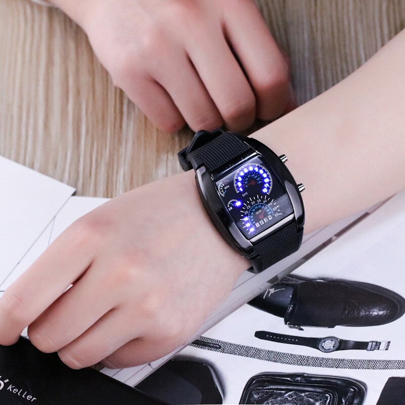 Flash azul LED Turbo RPM para hombre, reloj de Dial para coche deportivo, negro completo, de acero inoxidable, rectangular, medidor de aire