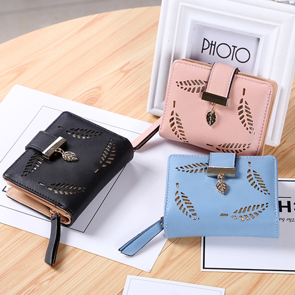 Women Long Wallet PU Leather Purse Female Long Wallet Gold Hollow Leaves Pouch Handbag For Women Coin Purse Card Holders Clutch