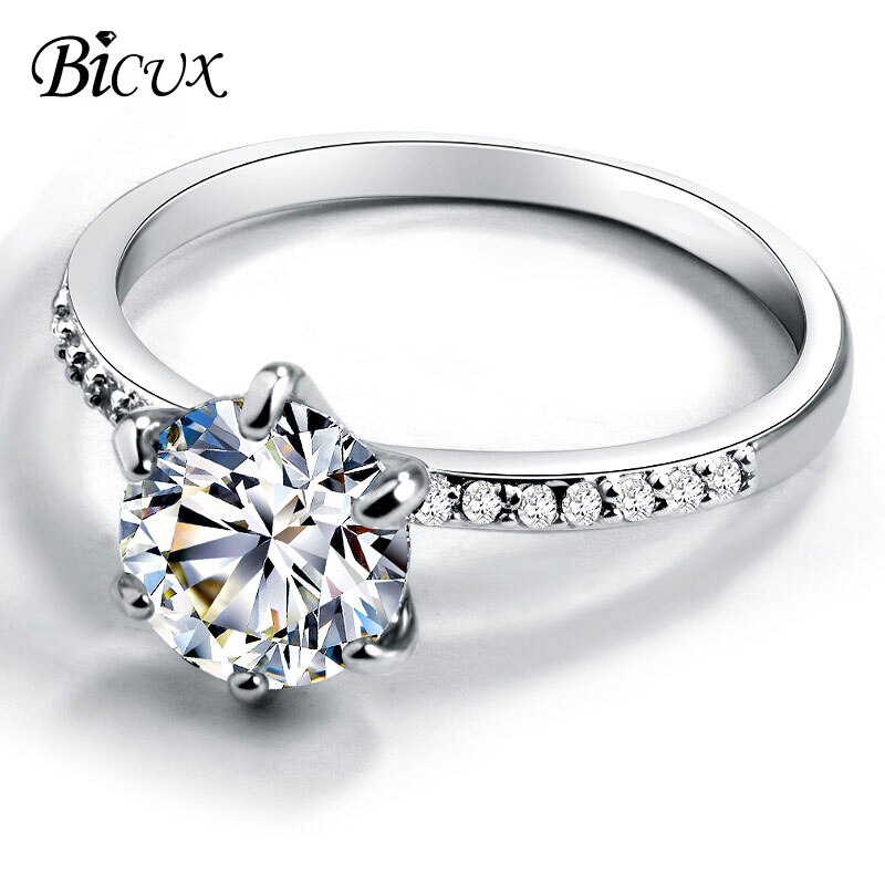 BICUX Klassische Engagement Ring 6 Claws AAA Weiß Cubic Zirkon Weibliche Frauen Hochzeit Band Ringe Schmuck