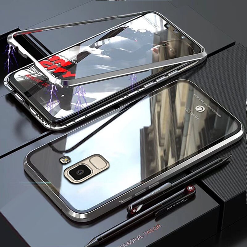 YonLinTan Coque cover Case For Samsung galaxy J6 plus J6Plus J 6 Metal magnetic Frame adsorption tempered glass cases: For Samsung J6 2018 / Silver