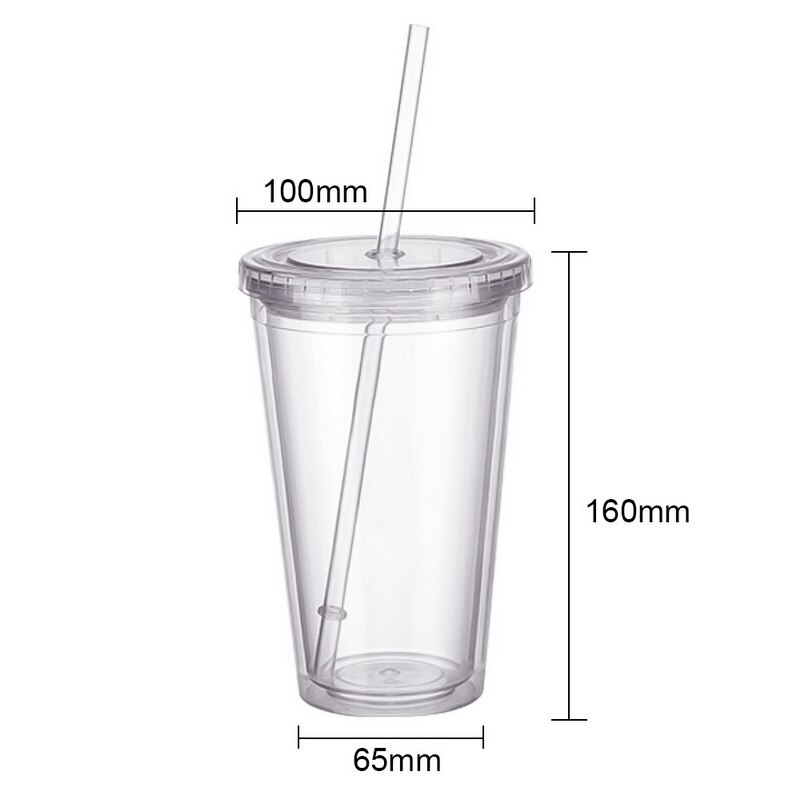 1 stk 500ml plastik isglas dobbeltvægget kold drik kaffe juice te rejse kop flaske krus med sugerør væske bæger låg  #25