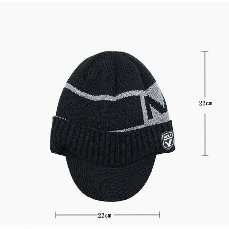 Brand Men Warm Winter Hat Knit Visor Beanie Fleece Lined Billed Beanie with Brim Cap