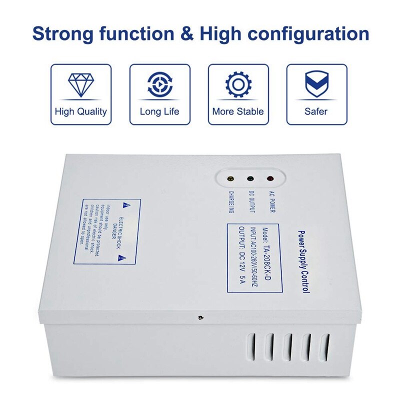 Topiky TA-208CK-D – Alimentatore A Commutazione Per Controllo Accessi Porta – 110-240V AC A 12V DC 5A Con Backup Batteria E Protezioni