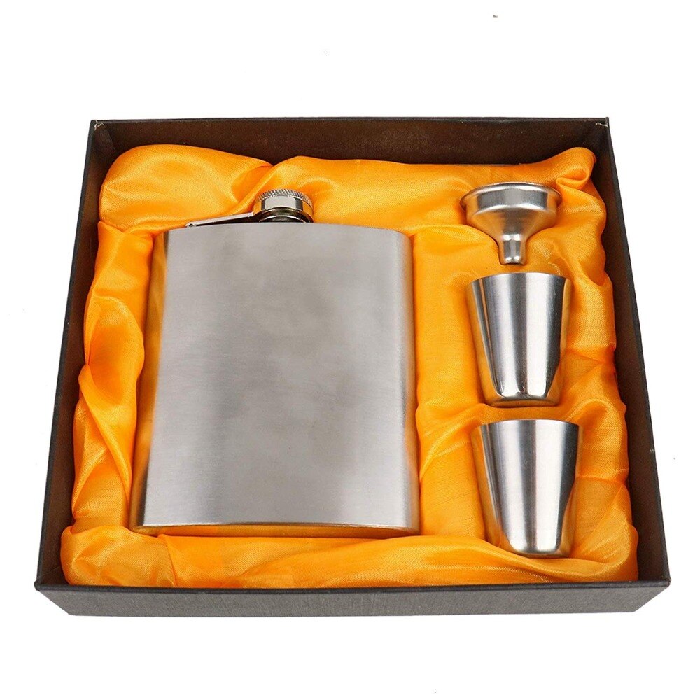 Hip Flask Set 7 Oz Portable Stainless Steel Liquor Set 2 Shot Glass+1Funnel+1Gift Box For Men/Women