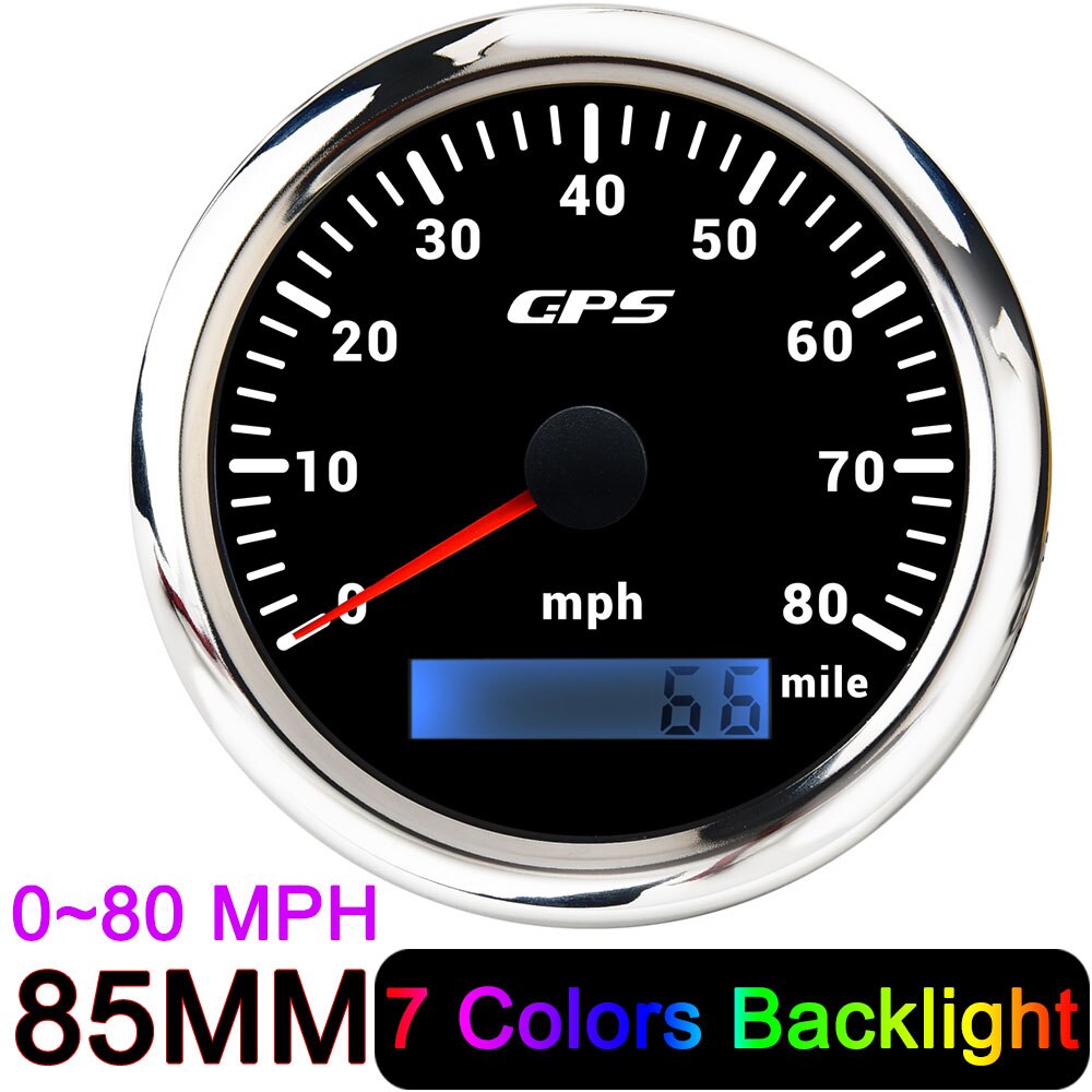 HD 85mm GPS Speedometer 30 60 80 120 160 200 MPH Waterproof Speed Gauge for Mairne Yacht Boat Car Truck 7 Colors Backlight 9-32V: 80MPH Black silver