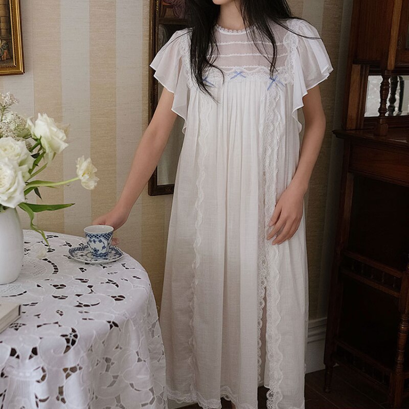 Viktorianischen Baumwolle Nacht Kleid Frauen Spitze Peignoir Romantische Jahrgang Lange Nachthemden Prinzessin Nachtwäsche Süße Nachthemd Startseite Tragen