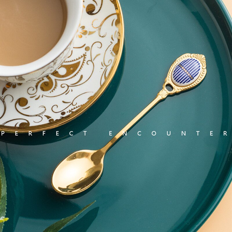 Stainless Steel Golden Coffee Milk Spoon Stirring Spoon Elegent Ceramic Dessert Honey Spoons