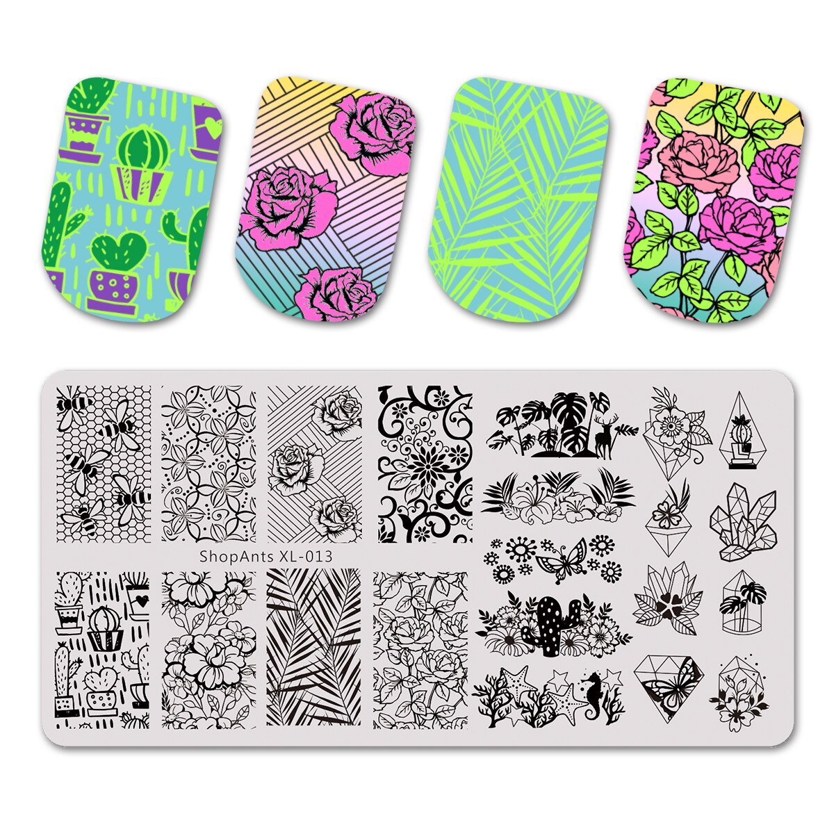 BEAUTYBIGBANG-placas de estampado para manicura Floral, plantillas rectangulares de flores y plantas de línea a rayas, con temática Floral, DIY, herramientas para uñas, 6x12cm: SAT-013