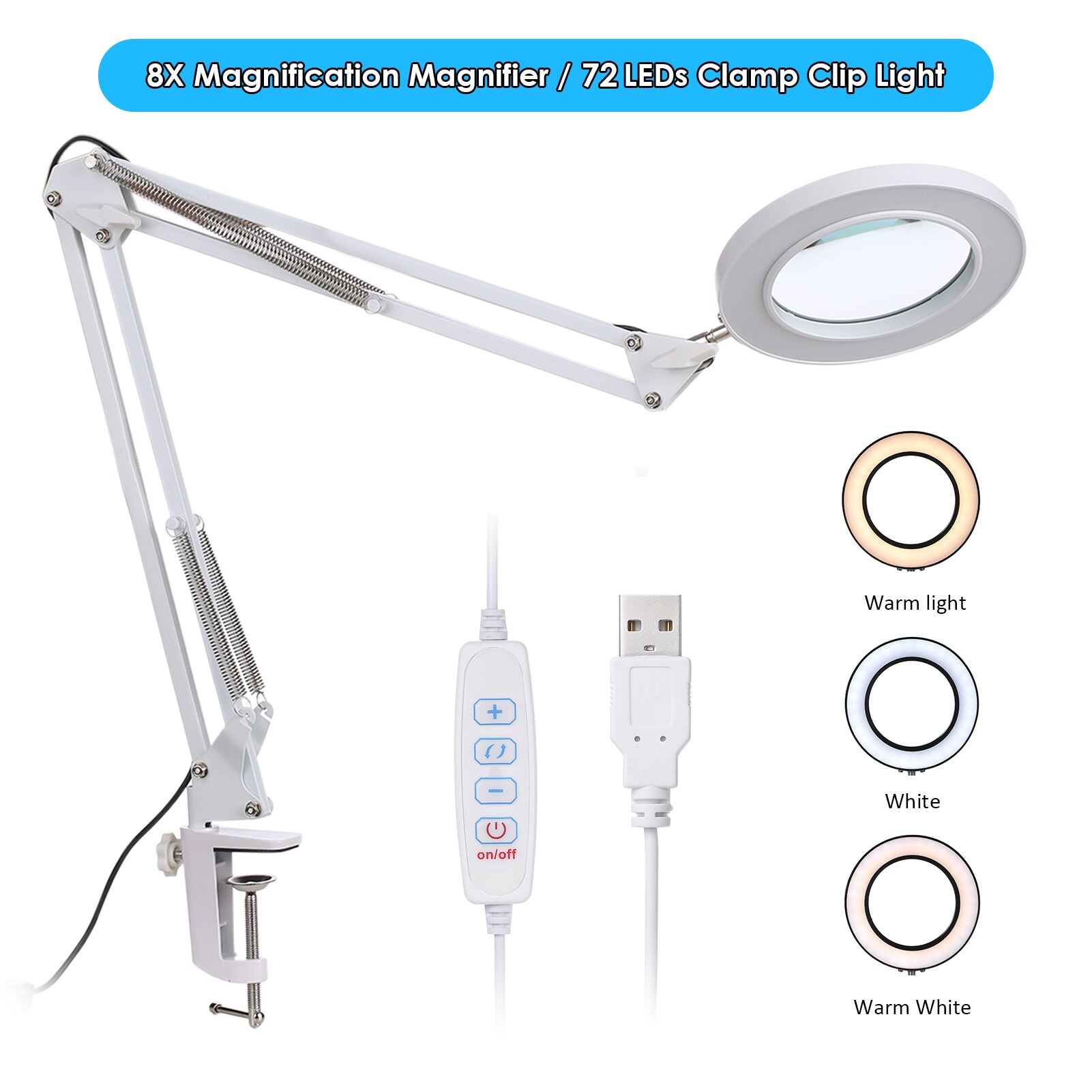 8X Magnification Magnifying Glass with Light Stand LED Desk Lamp 10 Levels Adjustable Brightness Dimmable Desk Lamp USB Powered