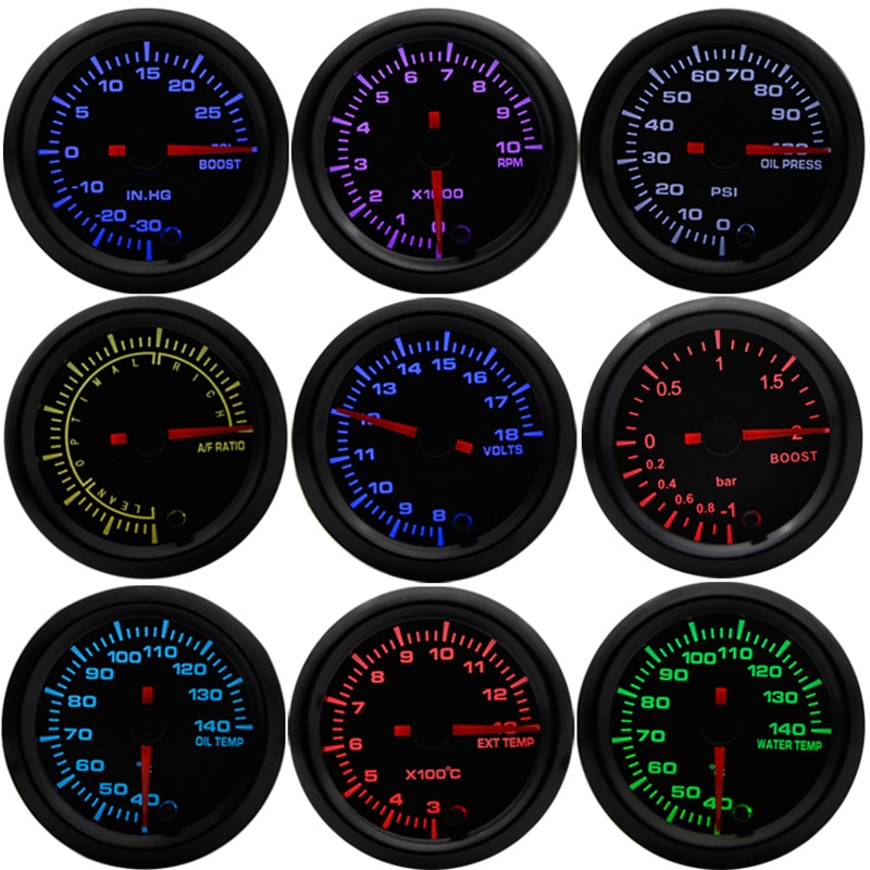 2" 52mm 7 Farben LED Schub/Wassertemperatur/Öltemperatur/Öldruck/Voltmeter/Luftkraftstoffverhältnis/ETT/Tachometer U/min Autoanzeige + Messgerät Hülsen