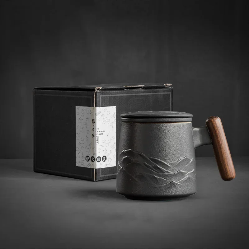 Keramisk retro kaffekopp kontor vannkopp filter tekopp med deksel kopper og krus trehåndtak caneca bursdagsboks  cm061: J