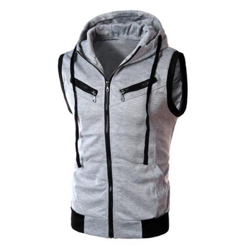 men's monochromatic hooded vest zipper pocket sleeveless vest jacket: Light Gray / M