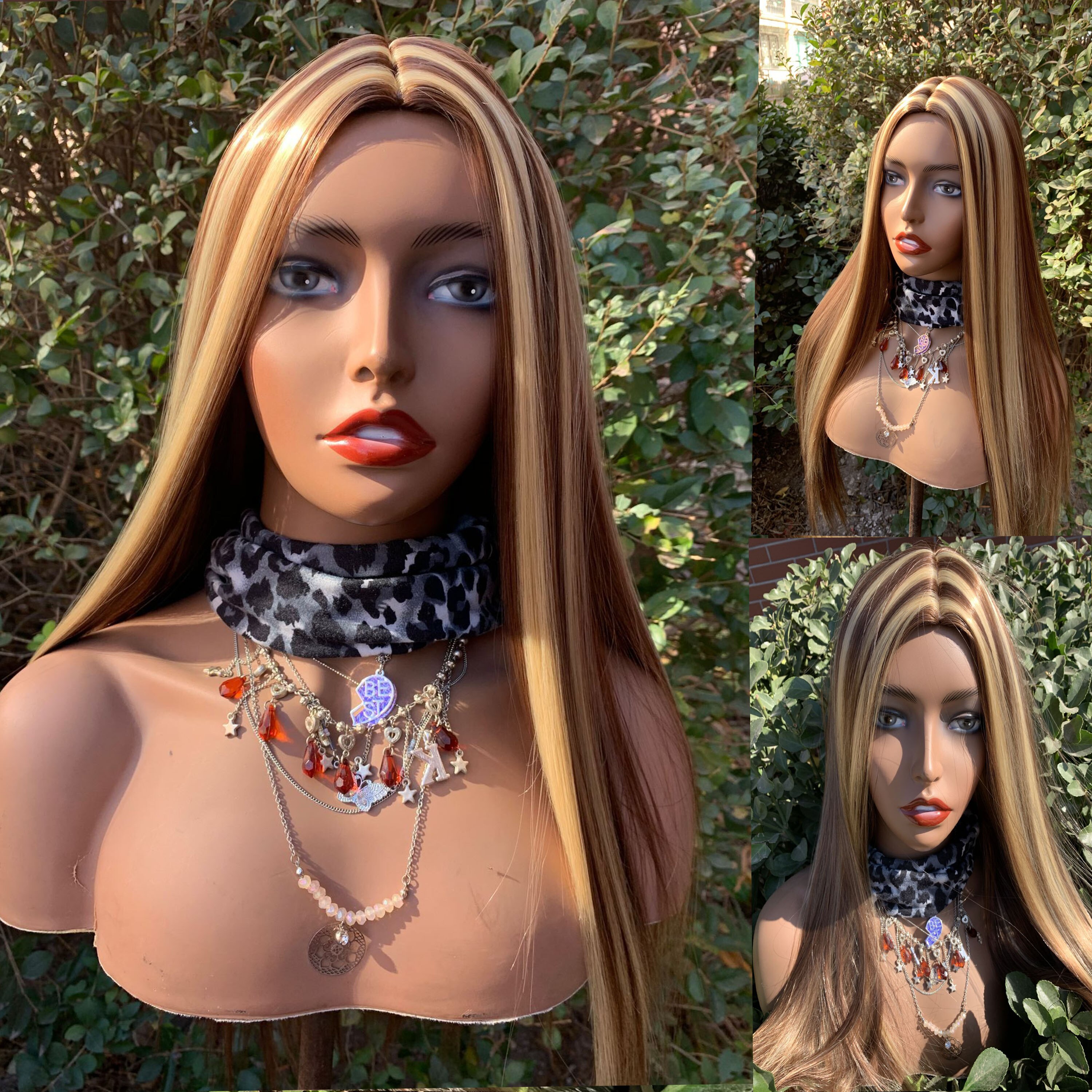 4/27 Ombre Highlight Synthetic Wig Long Brown Honey Blond Color Fiber Hair For Black Women With Natural Middle Part