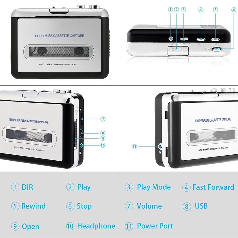 Digital Audio Music Player USB Cassette Recorder to MP3 Converter Portable Audio Tape-to-MP3 Player Switcher Converter