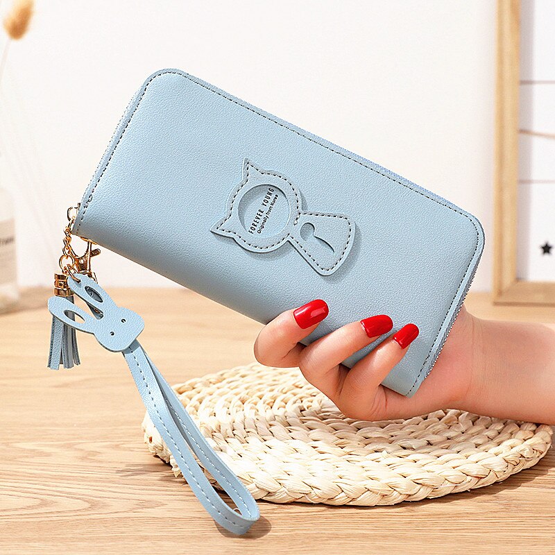 Women Wallet PU Leather Card Holder Coin Purses Zipper Long Female Wallet Cat Applique Cellphone Bag Lady: L3