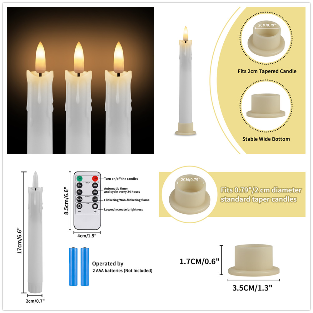 Pack of 12/24pc Flameless Flickering Ivory Taper Candles with Remote Battery Operated LED 3D Wick Candle Christmas Wedding Decor