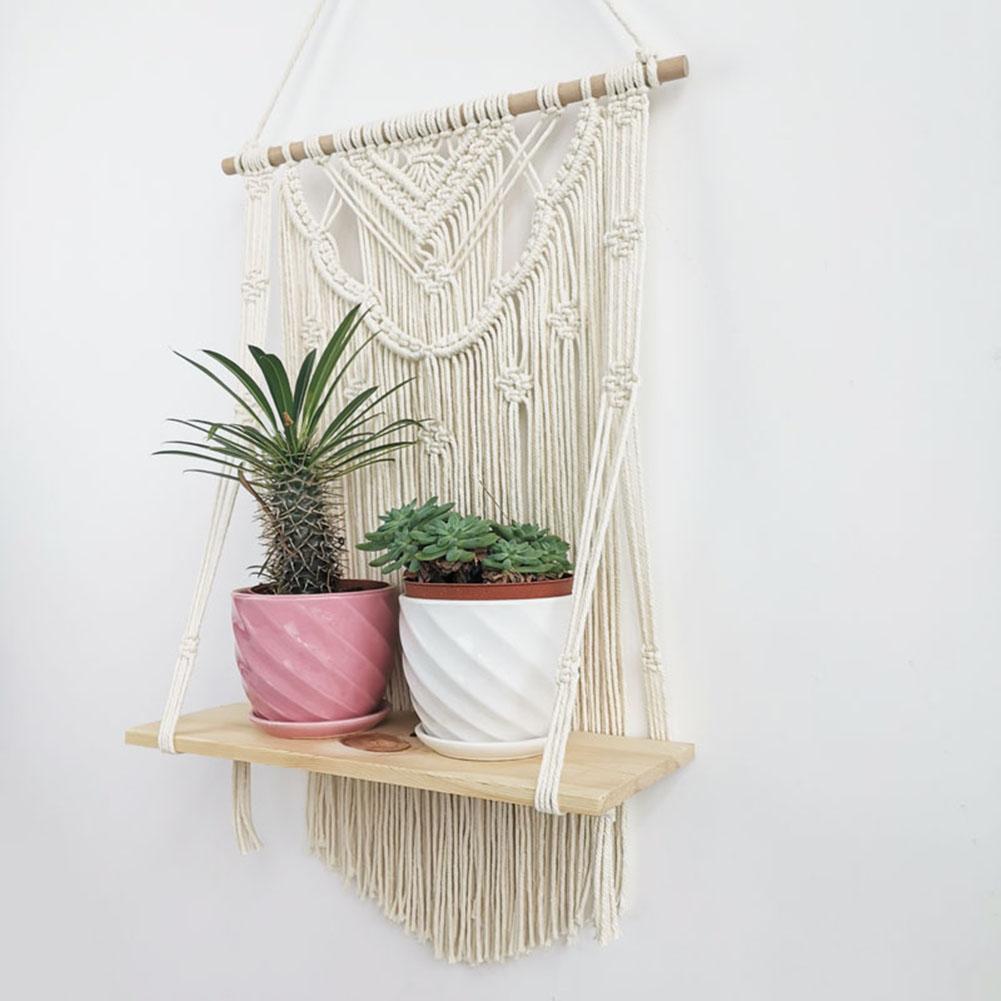 Maceta colgante de macramé para pared, hecha a mano, con borlas, estante de madera, tapiz, decoración para dormitorio y apartamento
