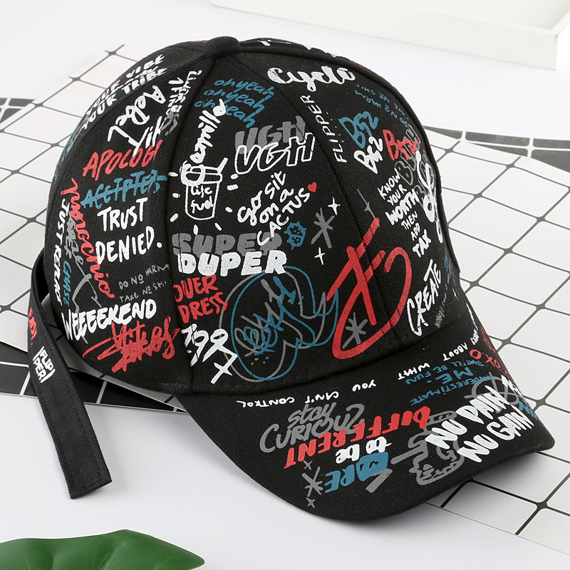 Sleckton 100%  bomulds graffiti baseball kasket til mænd og kvinder hatte unisex afslappet hip hop snapback hat spidse kasketter sommer: Gu-sort