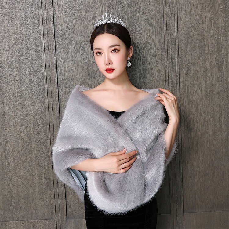 JaneVini Gray Fur Bridal Cape Women Bolero Femme Winter Wedding Dress Shrugs Shoulder Wraps Bride Faux Fur Shawls Stoles: Gray 1