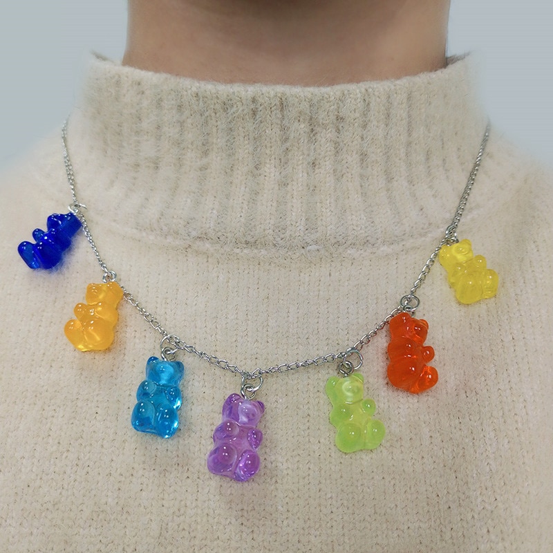 Gummy mini candy bear 7 farger søt judy tegneserie dyreanheng bjørn halskjede rustfritt stål choker kvinner jente bijoux krage