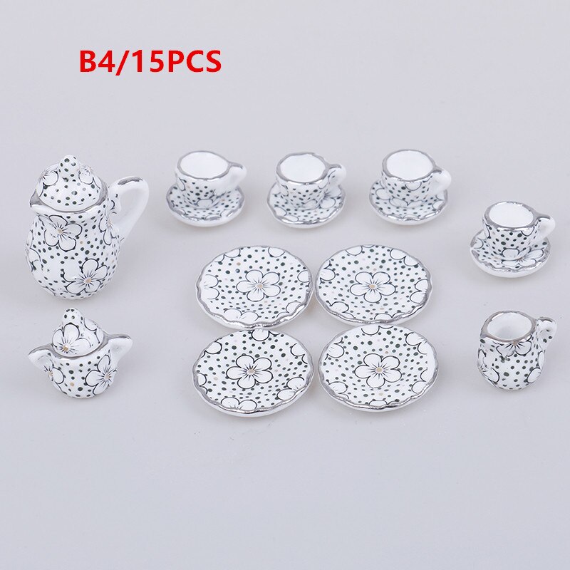 15Pcs 1:12 Miniature Porcelain Tea Cup Set Chintz Flower Tableware Kitchen Dollhouse Furniture Toys For Children: B4