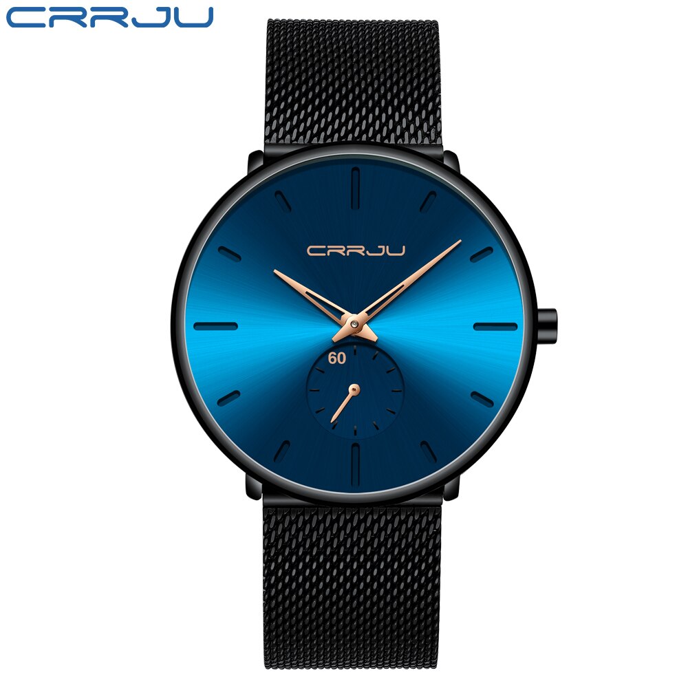 Crrju ur herre vandtæt slim mesh rem minimalistiske armbåndsure til mænd quartz sportsur ur relogio masculino: Cj2150- bkberose