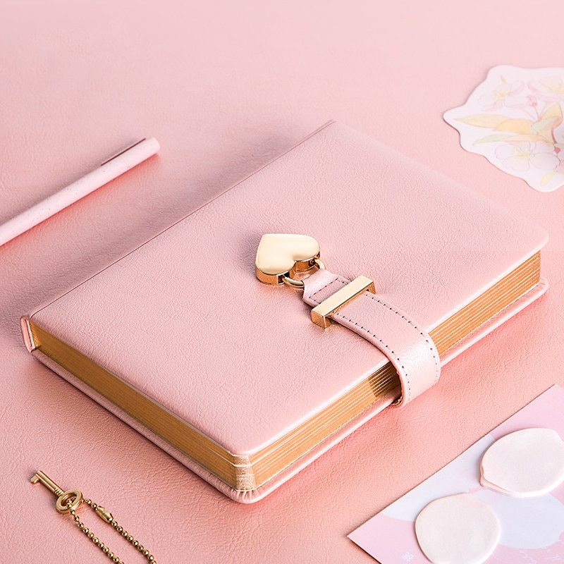 Kawaii journal notesbog personlig dagbog med lås hjerteformet nøgle pu læder note bog til pige ugentlig planlægger skole papirvarer